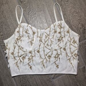 Elegant White and Gold Embroidered Women's Crop Top